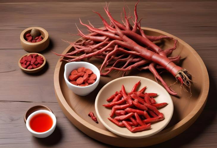 Panax Ginseng on Wooden Dish with Medicine Bowl, Red Ginseng for Energy and Immune System Support