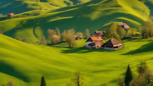 Panorama of Romania Countryside on a Sunny Spring Afternoon with Rolling Hills and Grassy Fields