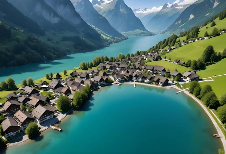 Panoramic Aerial View of Flelen Village with Blue Waters and Green Swiss Mountains