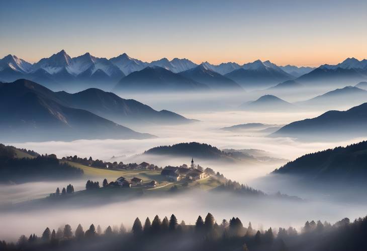 Panoramic Beauty of Schwaz Sunset and Fog in the Tyrolean Alps and Alpbachtal