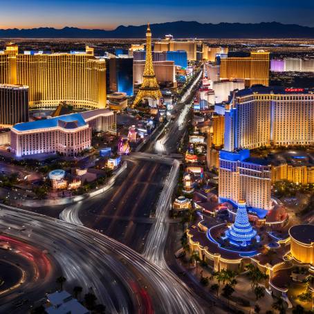 Panoramic Las Vegas Strip Hotels, Casinos, and Night Lights in Nevada