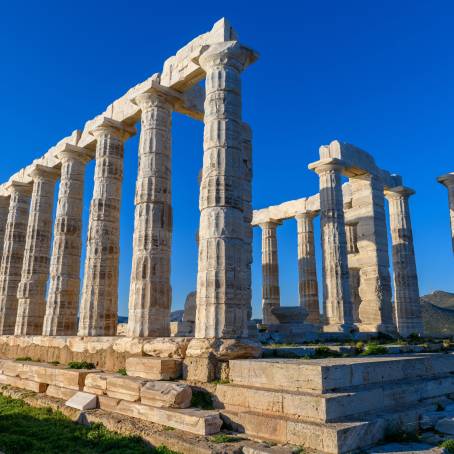 Panoramic Summer Scene of Temple of Poseidon and Bay with Sailboats