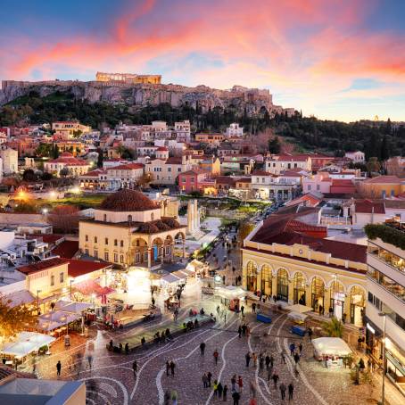 Panoramic Sunset of Parthenon and Athens Old Town from Acropolis