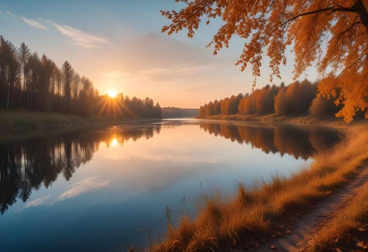 Panoramic View of Autumn River Landscape in Belarus or European Russia at Sunset