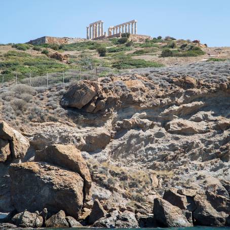 Panoramic View of Cape Sounions Temple of Poseidon with Summer Boats