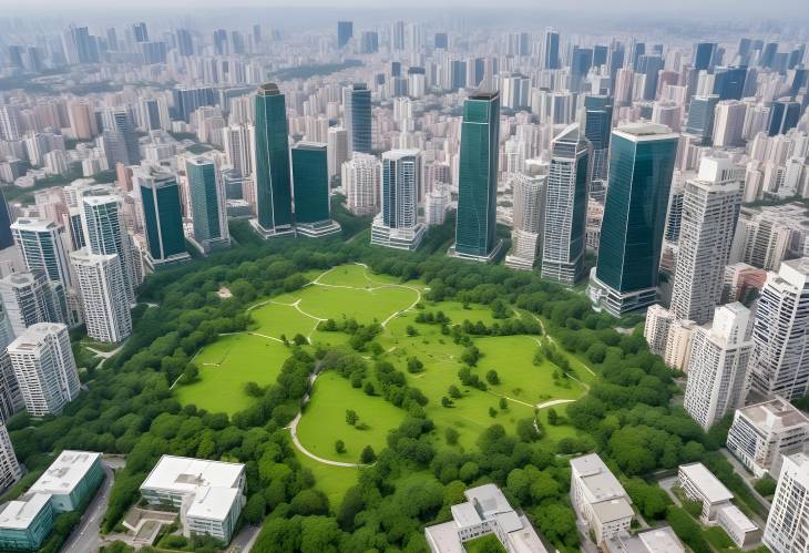 Panoramic View of High Rise Buildings and Public Park in Metropolis City Center