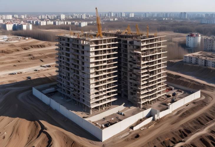 Panoramic View of Large Construction Site with Multi Storey Residential House, Urban Development