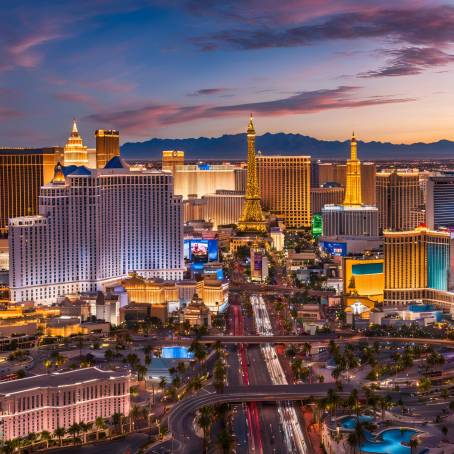 Panoramic View of Las Vegas Strip Iconic Hotels and Casinos in Nevada