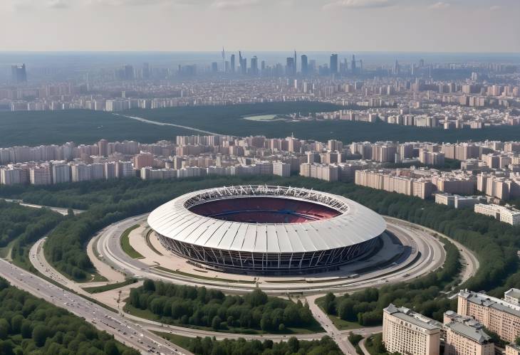 Panoramic View of Luzhniki Olympic Stadium and Moscow Skyline, Russia  May 26, 2018