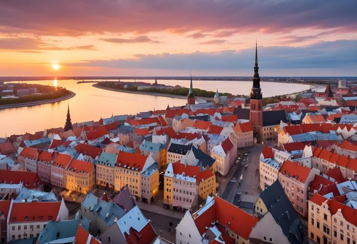 Panoramic View of Riga Rooftops at Sunset Over Daugava River