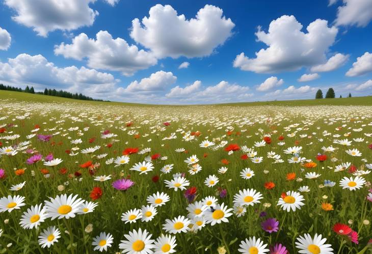 Panoramic View of Summer Flower Meadow with Daisies and Blue Sky