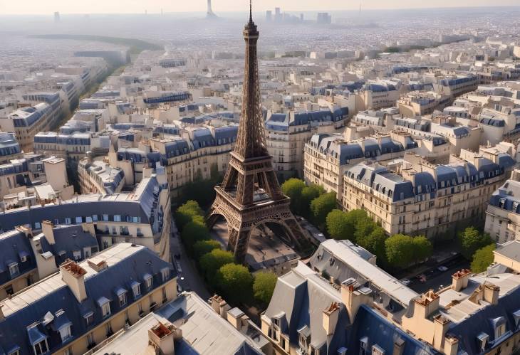 Paris France Aerial View of Eiffel Tower and Historic Parisian Roofs, Iconic Landmark Scene