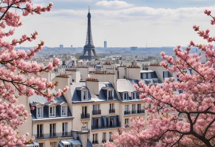 Paris Rooftops in Bloom Eiffel Tower and Magnolia Tree in Spring