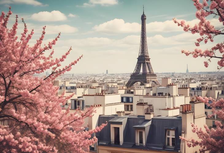 Parisian Rooftops Eiffel Tower and Spring Blossoms in Retro Tones