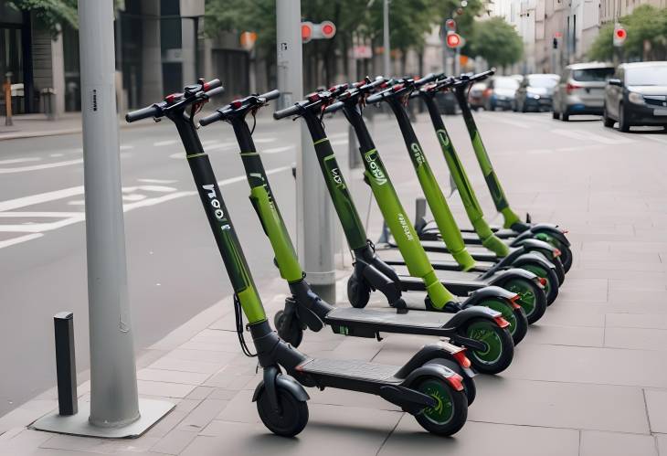 Parked Electric Scooters at City Rental Stand, Urban Mobility Solution, Eco Friendly Commute, Modern