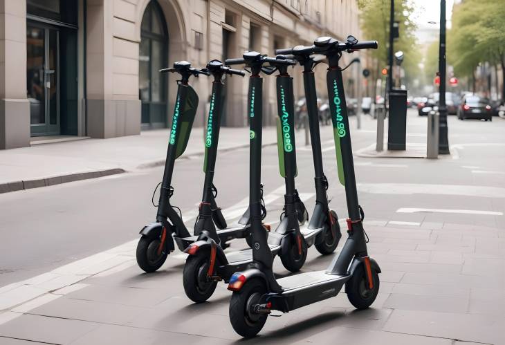 Parked Electric Scooters at Rental Stand on City Street, EcoFriendly Commute Option, Urban Scooter