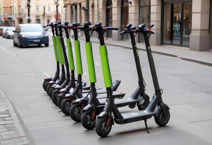 Parked Electric Scooters at Rental Stand on City Street, Urban Mobility Solution, EcoFriendly