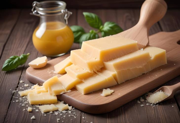 Parmesan Cheese with Grater on Rustic Wood Table Perfect for Gourmet Dishes