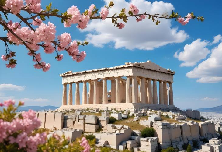 Parthenon Temple on Acropolis Hill with Vibrant Flowers and Clear Sky