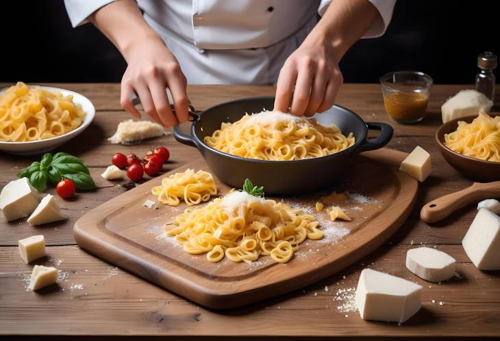 Pasta with Parmesan Chefs Wooden Table Cooking Scene