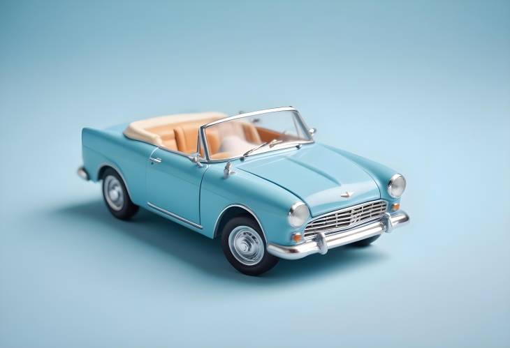 Pastel Blue Background with Retro Toy Car Model, Miniature Vehicle Side View