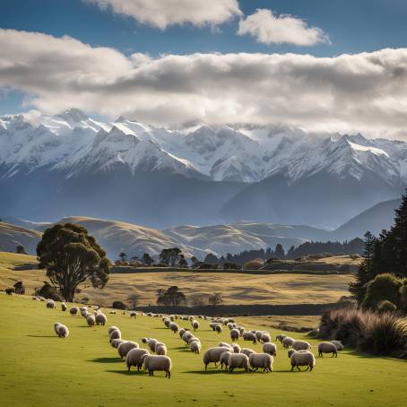 Pastoral Landscape of Grazing Sheep with Snowy Mountains in New Zealand