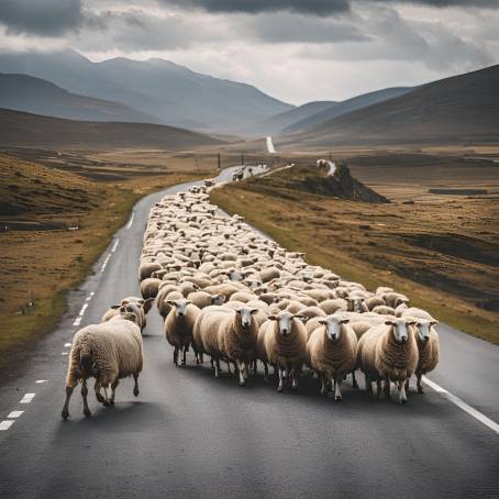 Pastoral Scene with Sheep Walking on the Road