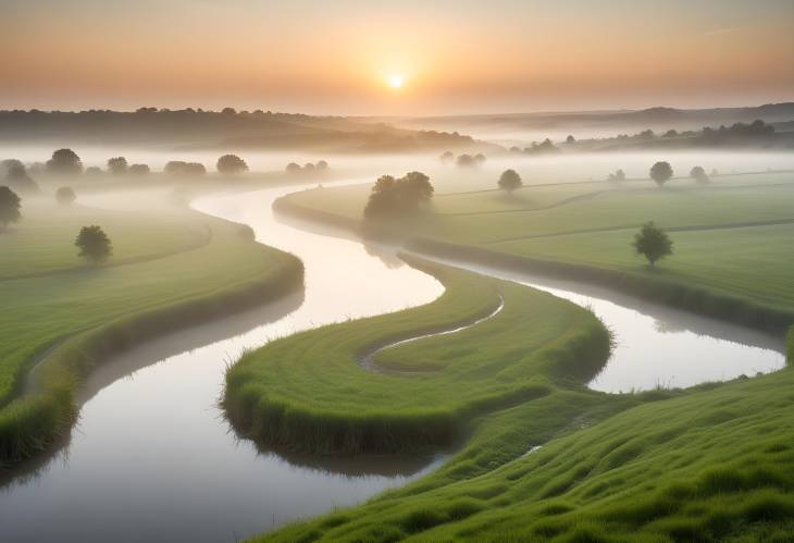 Peaceful Dawn in the Countryside with Mist Over Fields, a Winding River, and a Rising Sun