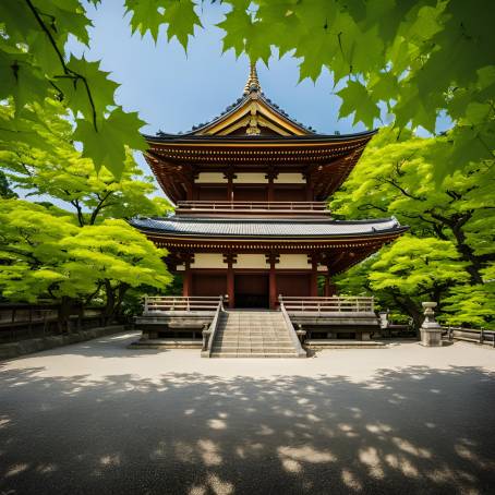 Peaceful Kyoto Buddhist Temple Surrounded by Early Summer Green Maple Leaves  A Tranquil View