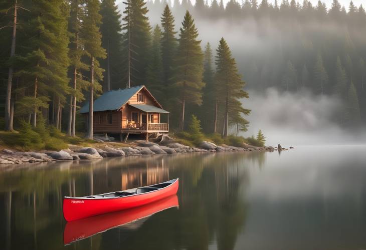 Peaceful Lakeside Cabin with Tall Pine Trees, Canoe at the Shore, and Mist Rising from the Lake