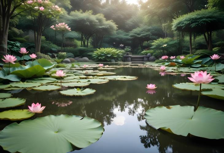 Peaceful Meditation in a Garden with Calm Pond and Lotus Flowers