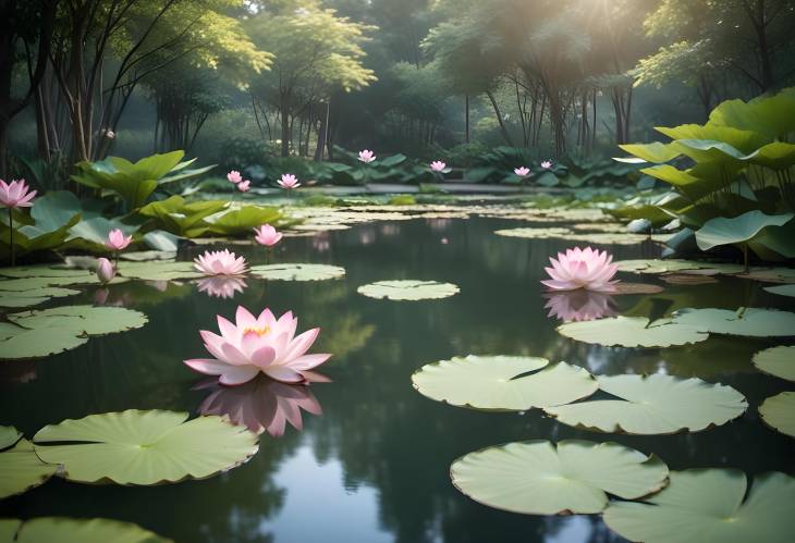 Peaceful Meditation in a Tranquil Garden with Calm Pond and Lotus Blossoms