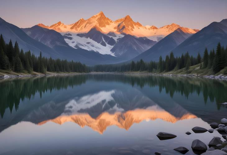 Peaceful Mountain Lake at Dawn with Crystal Clear Reflections of Snow Capped Peaks in a Serene