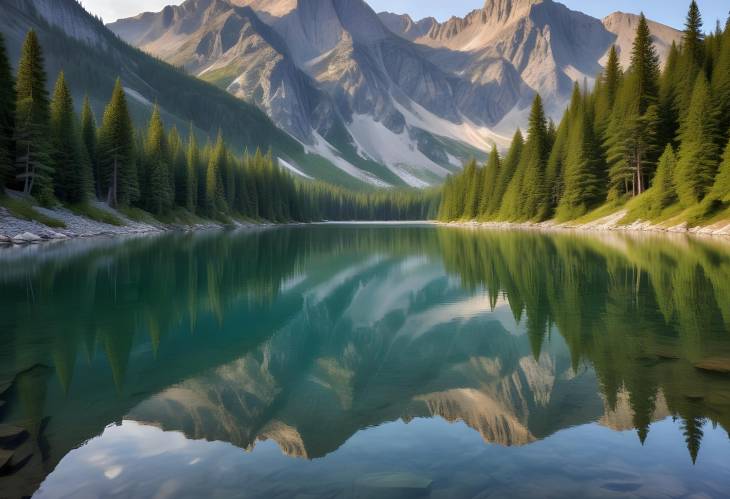 Peaceful Mountain Lake with Clear Reflective Waters and Surrounding Peaks Providing a Serene