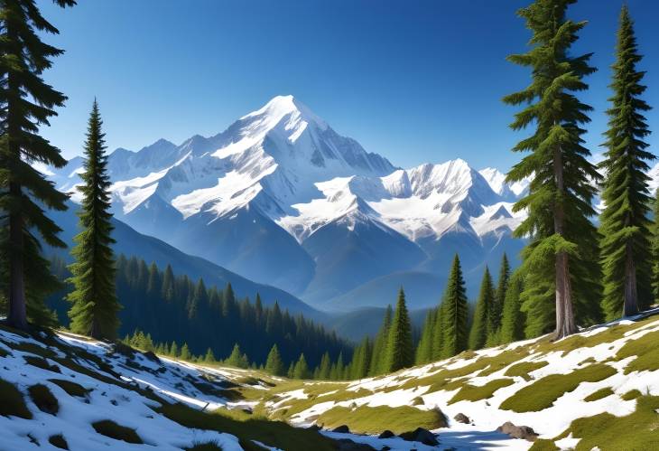 Peaceful Mountain Landscape with Snow Capped Peaks and Vibrant Green Forest Under Bright Sky