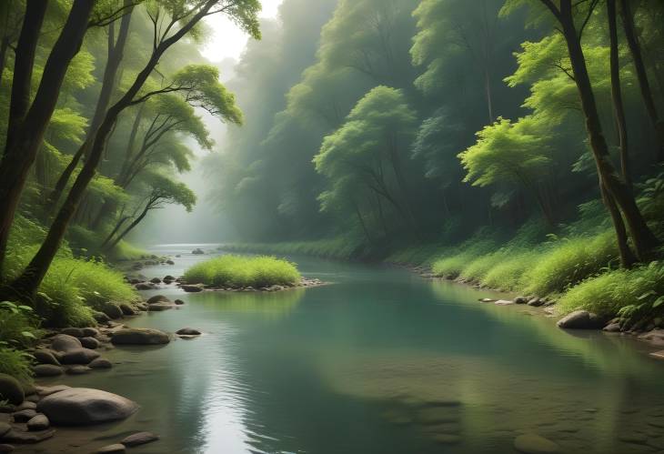 Peaceful River Winding Through a Lush Forest with Clear Waters and Serene Greenery