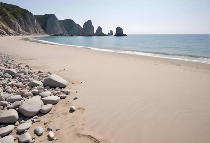 Peaceful Summer Beach with Gray Rocks, Sandy Shore, Calm Sea, Blank Space for Ads, Front View