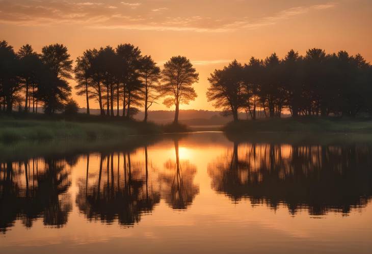 Peaceful Sunset Over a Countryside Lake with Gentle Ripples, Silhouetted Trees, and Warm Glow