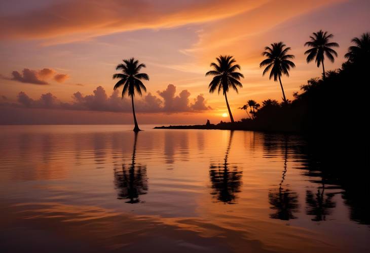 Peaceful Sunset Over Mirror Like Waters with Silhouetted Palm Trees Creating a Calm and Scenic Trop