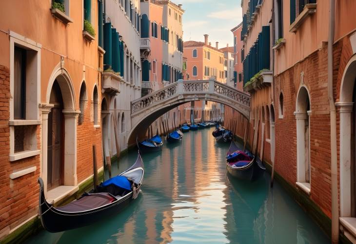 Peaceful Venice Canal with Gondolas Moving Under Ancient Stone Bridges in a Tranquil Scene