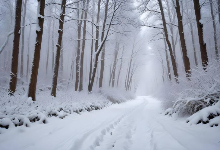 Peaceful Winter Pathway Through a Snowy Forest with a Serene and Tranquil Atmosphere