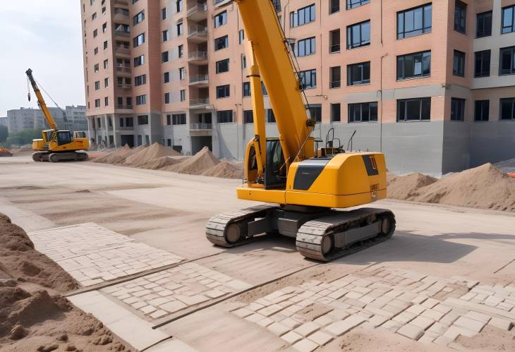 Pedestrian Paving Installation Construction Site with Screeding Sand, Concrete Blocks, Road Work,