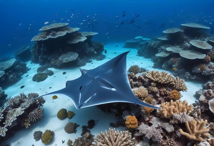 Pelagic Manta Ray and Coral Fish Over Coral Reef, Maldives, Indian Ocean, Asia