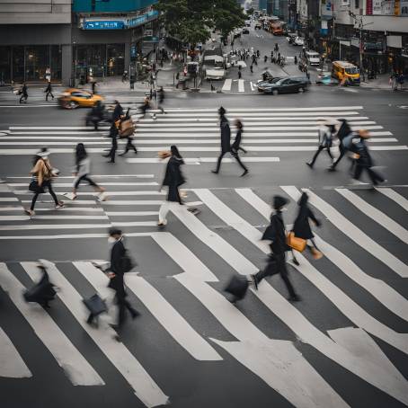 People walking across a busy crosswalk in the heart of the city