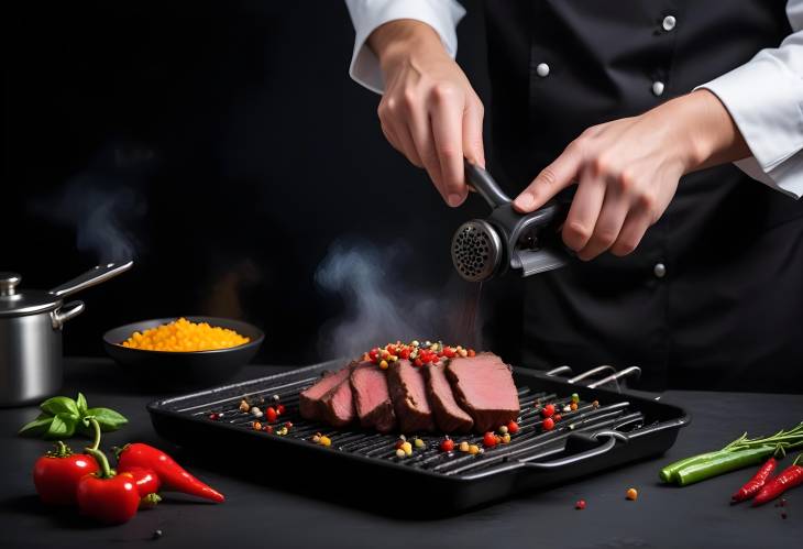 Pepper Being Added to Beef Steak by Chef on Grill Pan