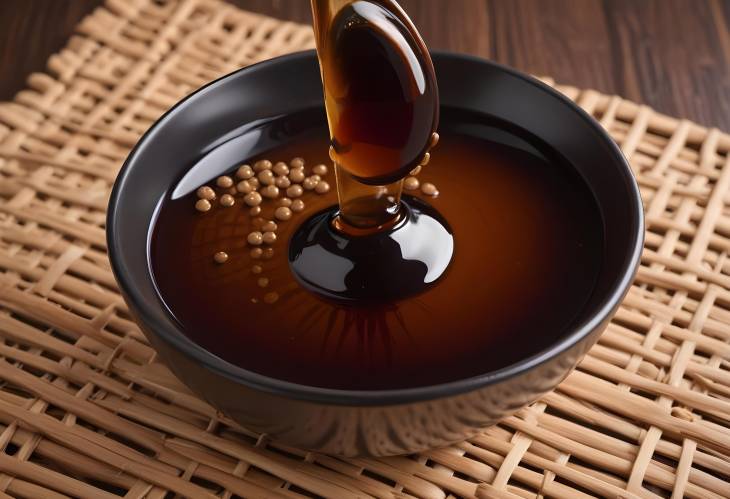 Perfect Closeup of Soy Sauce Drops Falling into Bowl on Wicker Mat  Culinary Art Shot