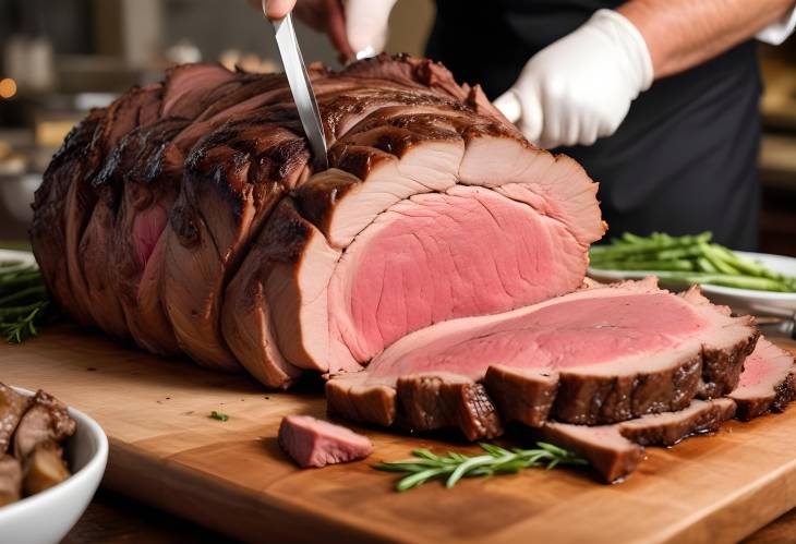 Perfectly Cooked Prime Rib Roast Close Up of Juicy Slices for Dinner Service