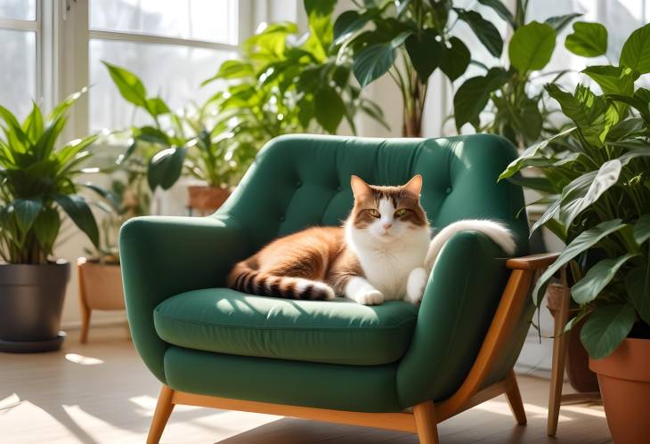 Pet Cat on Retro Armchair with Green Plants in Scandinavian Style Interior, Cozy and Bright