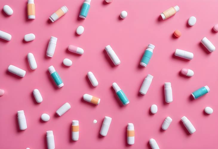 Pharmaceutical Pills and Bottles on Pink Surface, Assorted Tablets and Capsules in TopDown Flat