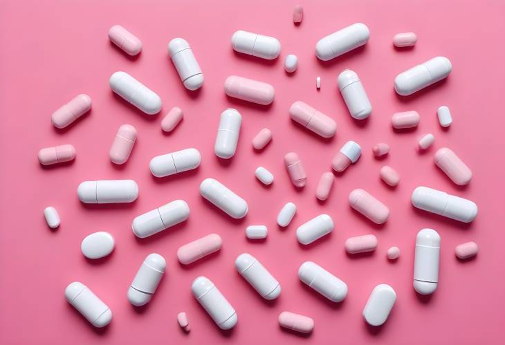 Pharmaceutical Pills and Bottles on Soft Pink Background, Flat Lay of Tablets and Capsules